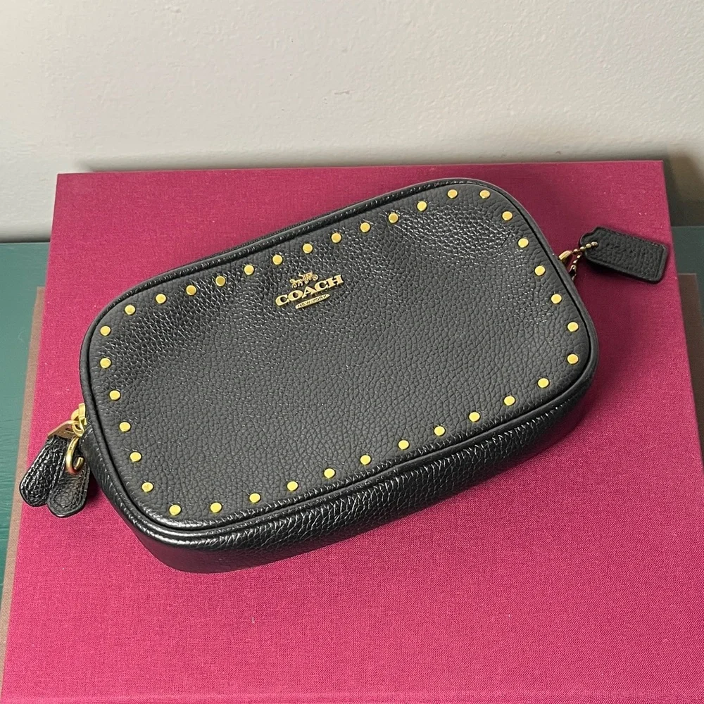 COACH Sadie Border BRDR Rivet Clutch Black Pebble Leather Crossbody *No Strap* - Picture 7 of 15